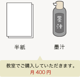 半紙と墨汁は教室でご購入していただきます。月400円です。